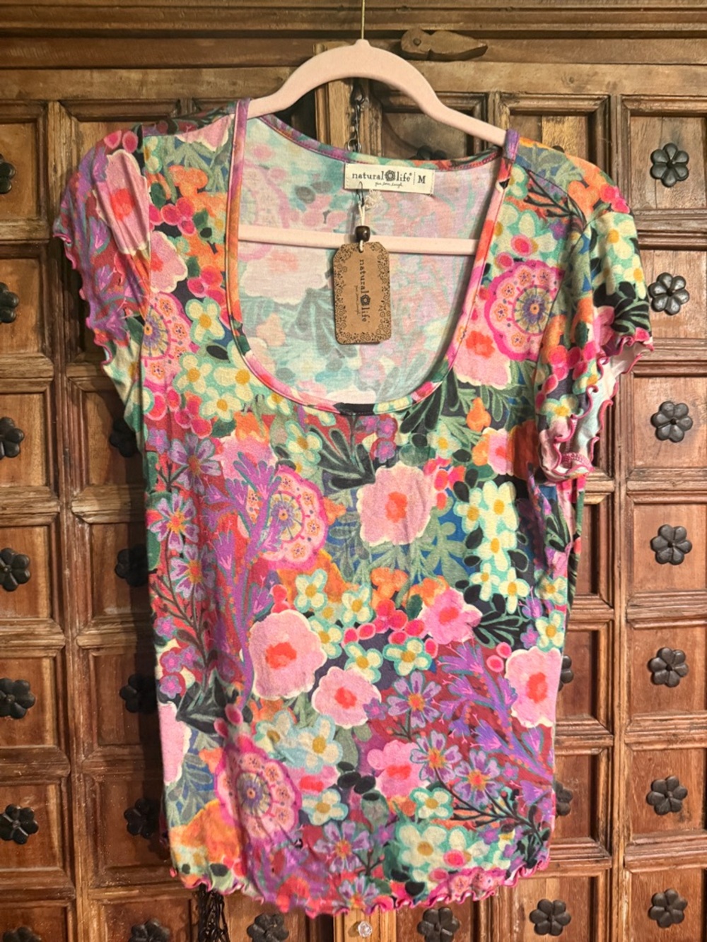 NATURAL LIFE Pink & Multicolor Floral Scoop Neck Short Sleeve Top